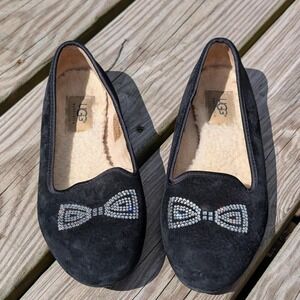 UGG Alloway Strass Black Suede Rhinestone Bow Flats Loafers 1006713 Womens 6